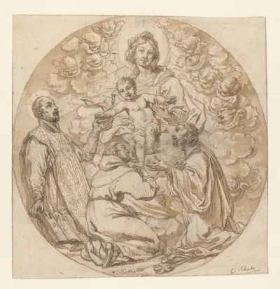 Maria met kind aanbeden door H. Ignatius van Loyola, H. Franciscus Xaverius en heilige monnik