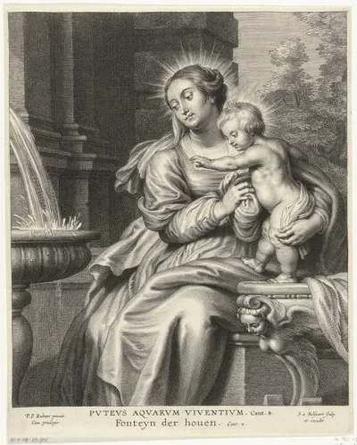 Maria met kind bij een fontein