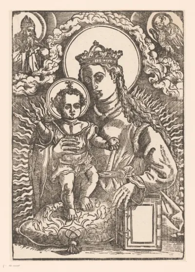Maria met kind en boek, boven God en de Heilige Geest
