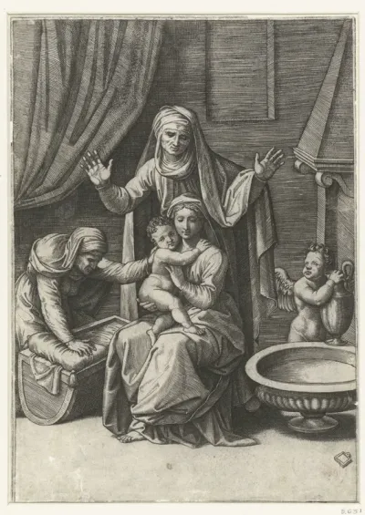 Maria met kind en heiligen Anna en Elisabet bij wieg en engel met waterkan bij schaal met water