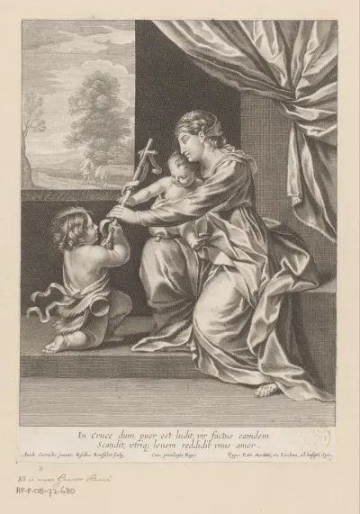 Maria met kind en Johannes de Doper die een kruis aanreikt