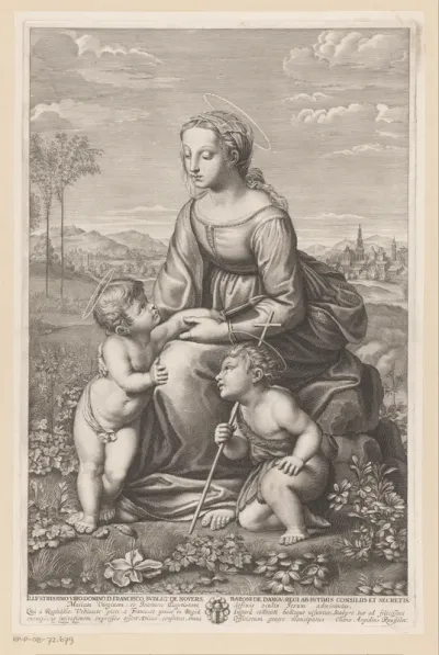 Maria met kind en Johannes de Doper in weidelandschap