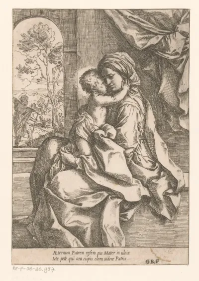 Maria met Kind en Jozef op de achtergrond