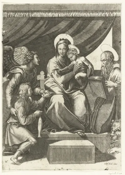 Maria met kind geflankeerd door aartsengel Michaël met Tobias met vis en heilige Hieronymus