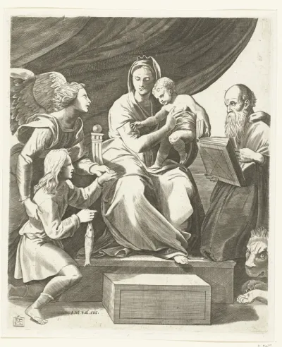 Maria met kind geflankeerd door aartsengel Michaël met Tobias met vis en heilige Hieronymus