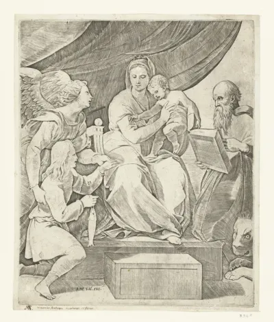 Maria met kind geflankeerd door aartsengel Michaël met Tobias met vis en heilige Hieronymus