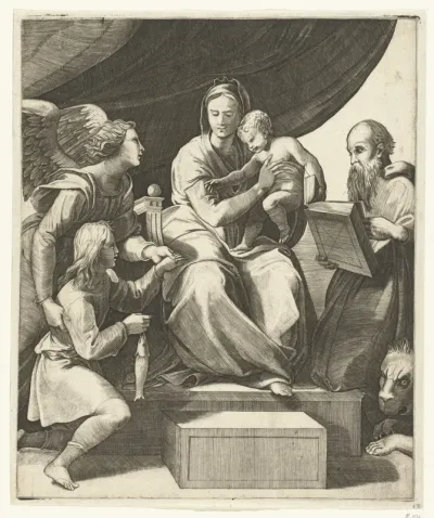 Maria met kind geflankeerd door aartsengel Rafaël met Tobias met vis en heilige Hieronymus
