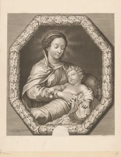 Maria met Kind in een octogonale lijst van eikenbladeren