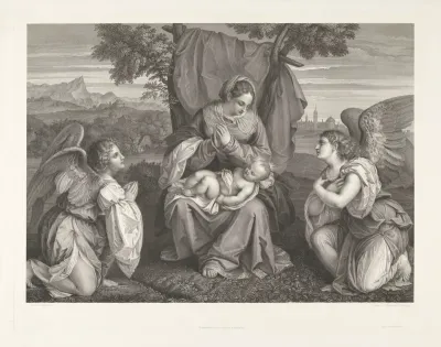 Maria met Kind in landschap tussen twee engelen