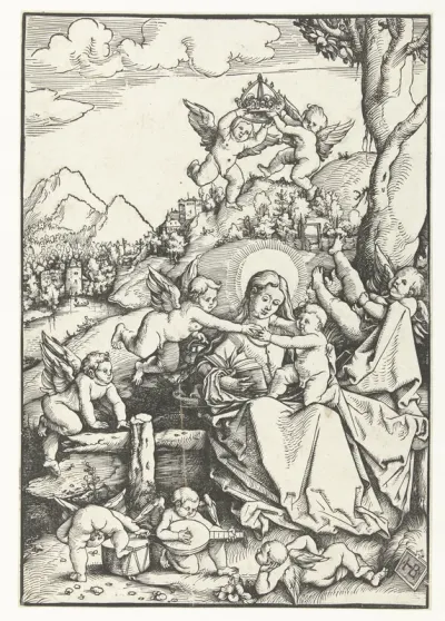 Maria met kind met acht engeltjes in een landschap