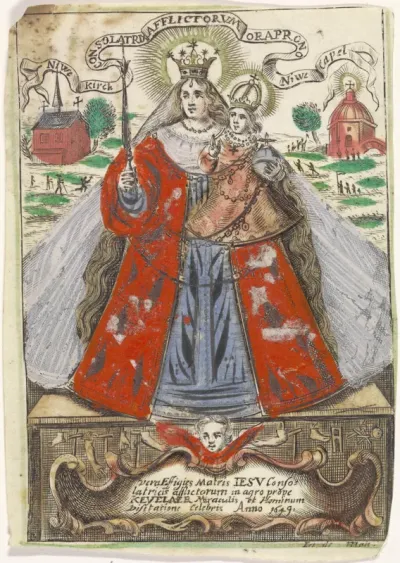 Maria met Kind met achter haar twee kerkgebouwen