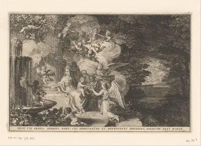 Maria met Kind omringd door engelen in een landschap met fonteinen