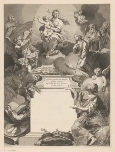 Maria met Kind op wolken met aartsengel Michaël, een Franse koning, kerkvaders en heiligen