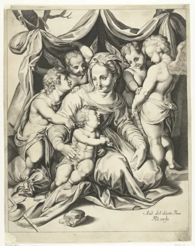 Maria met Kind zittend op de grond en Johannes als kind en drie kleine engelen