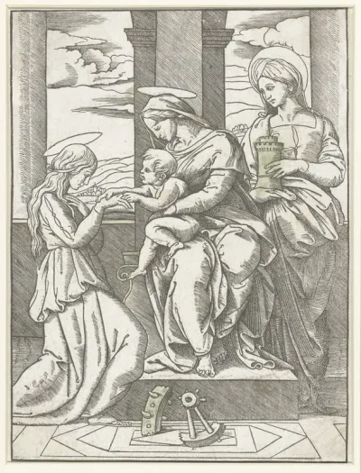 Maria met kind zittend op een troon tussen de heiligen Catharina en Barbara