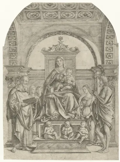 Maria met kind zittend op een troon tussen Petrus en Johannes de Doper met musicerende engelen en drie vrouwelijke heiligen op de achtergrond