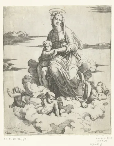 Maria met kind zittend op wolken omringd door engelen