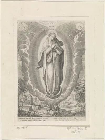 Maria op de maansikkel in mandorla met rondom haar de symbolen van de Maria-litanie