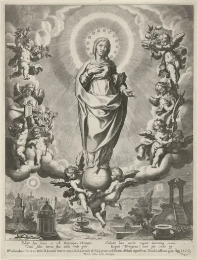 Maria op een globe, omringd door engelen
