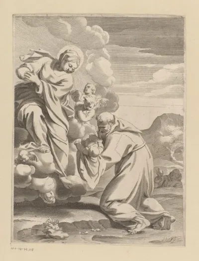 Maria op wolken kijkt neer op bedelmonnik met het Kind in zijn armen