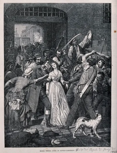 Maria-Theresa of Savoy-Carignan, Princess of Lamballe, is led out through the gates of La Force prison to the street in Paris where she is killed by the Revolutionary mob