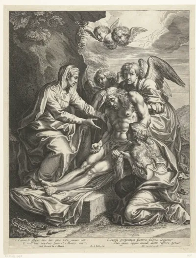 Maria treurt bij het dode lichaam van Christus met engelen
