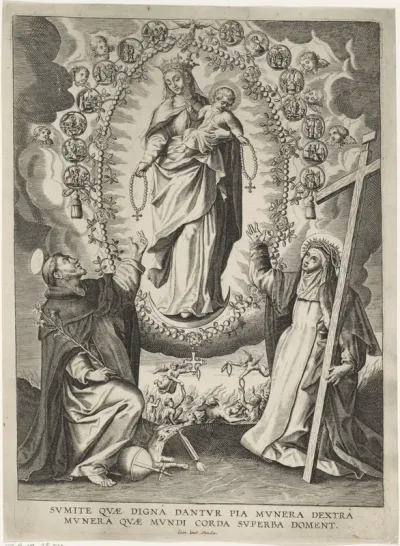 Maria van de Rozenkrans met de H. Dominicus en de H. Catharina van Siena