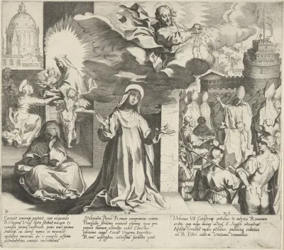 Maria vermeerdert brood dat Catharina aan de armen kan uitdelen / Christus vergiet zijn bloed over de stad Rome / Paus Urbanus VI neemt zijn intrek in de Engelenburcht