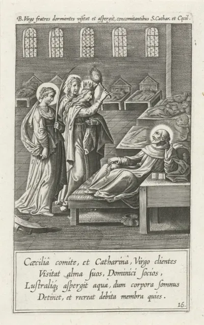 Maria zegent monniken, samen met de heilige Catharina en de heilige Cecilia