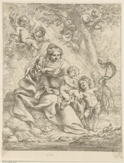 Maria zittend in een landschap met het Christuskind op de schoot en vóór haar de kleine Johannes