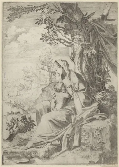 Maria zoogt het Christuskind in een landschap