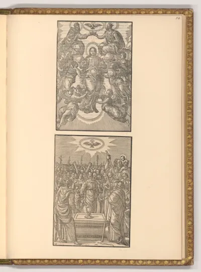 Mariae Himmelfahrt; Heilige vor Altar (Buchillustration)