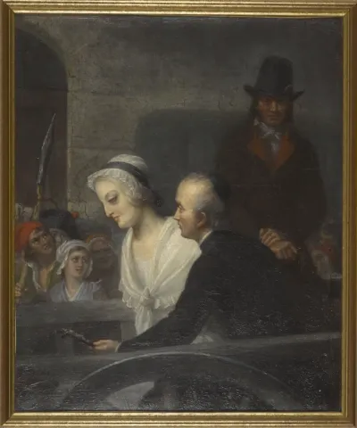 Marie-Antoinette assise dans une charrette, à côté de Girard, curé constitutionnel de Saint-Landry
