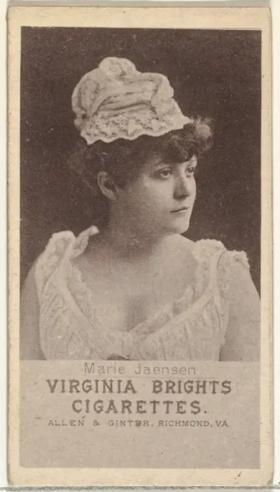 Marie Jaensen, from the Actresses series (N67) promoting Virginia Brights Cigarettes for Allen & Ginter brand tobacco products