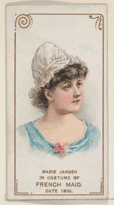 Marie Jansen in costume of French maid in 1800, from the set Actors and Actresses, First Series (N70) for Duke brand cigarettes