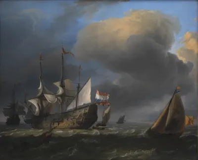 Marine med hollandske krigsskibe og fiskerbåde
