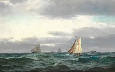 Marine with several ships, gray rainy clouds and a bit of blue sky