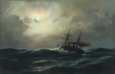 Marine with ship on rough sea at full moon
