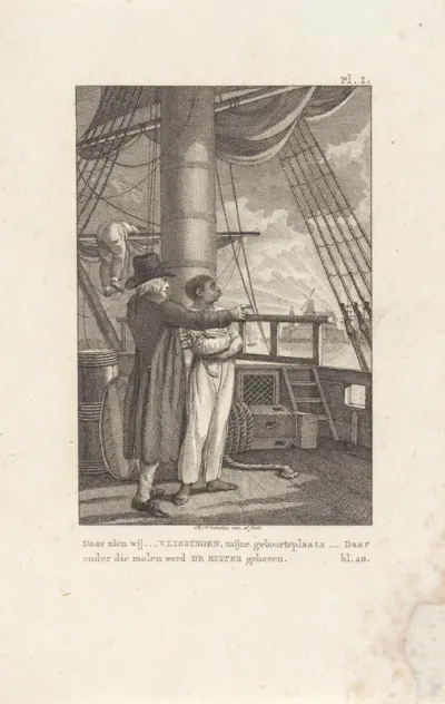 Marines laat een Afrikaanse man vanaf een boot Vlissingen zien
