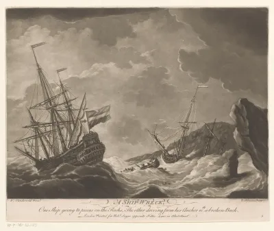 Marineschepen in een storm aan de kust