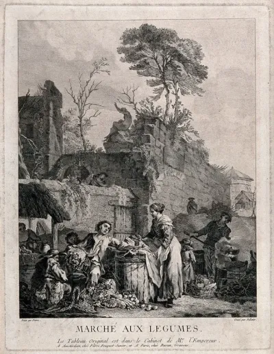 Market traders selling vegetables, and a man cooking in a long-handled pan on a brazier; beyond, an ancient wall and a rotunda
