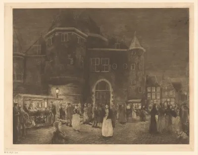 Markt bij de Waag op de Nieuwmarkt in Amsterdam bij avond