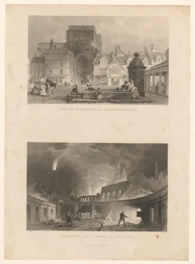 Marktplein in Northumberland en voorstelling van een ijzerfabriek aan de rivier Tyne