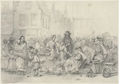 Marktplein met groenteverkoopster
