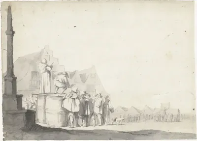 Marktplein met omroeper op een vat