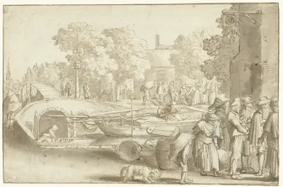 Marktscène bij een gracht te Haarlem