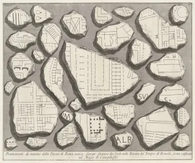 Marmerfragmenten met delen van een plattegrond van Rome