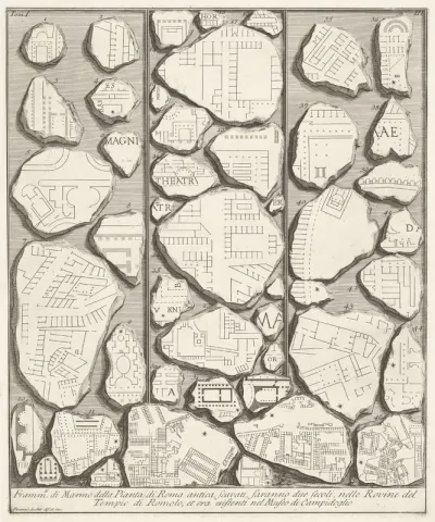 Marmerfragmenten met delen van een plattegrond van Rome