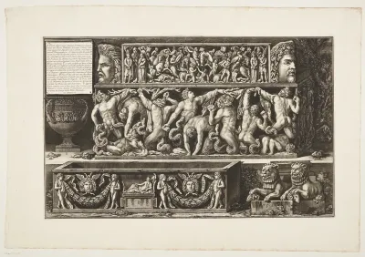 Marmorrelieffer og en sarkofag med et relief forestillende giganternes kamp mod Jupiter. Fundet nær S. Costanza's grav i 1748