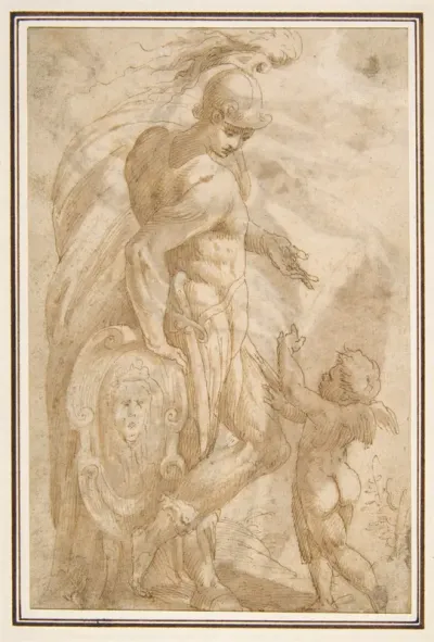 Mars and Cupid (recto); Female Standing Figure with a Helmet and a Shield (Bellona?) (verso)